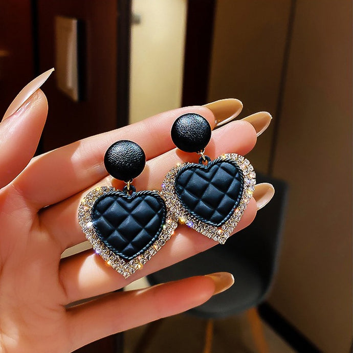 Black Double Love Heart Drop Earring Fashion Crystal Alloy