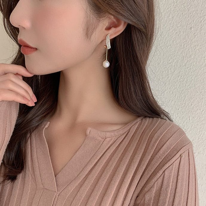 Simulated-Pearl Tassel Long Crystal Earrings