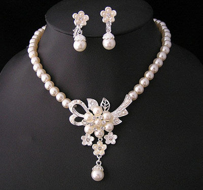 Bridesmaid Wedding Flower Glass Pearl Necklace Set