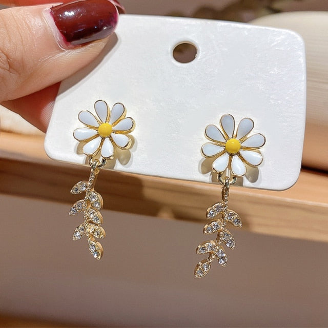 White Flower Enamel Tassel Crystal Leaf Earrings for Women