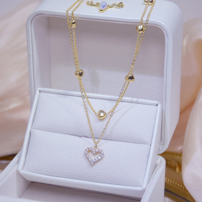 Gold Color Double Layer Heart Necklace Shining Bling