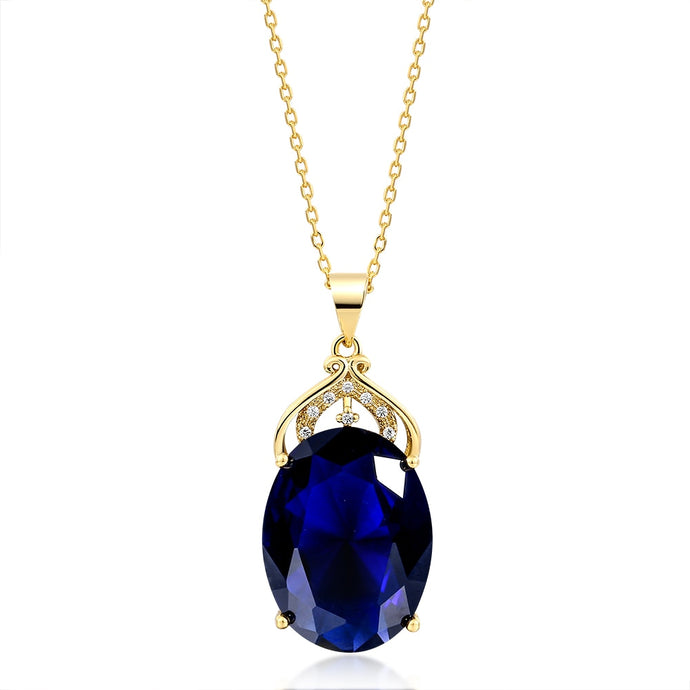 Sapphire Gemstone CharmGold Plated SilverOval Crystal Zircon Pendant Necklace