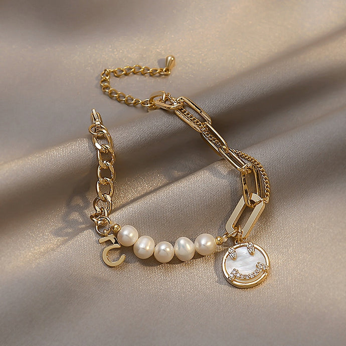 Freshwater Pearl Bead Shell Smiley Bracelet Chain Letter For Women's