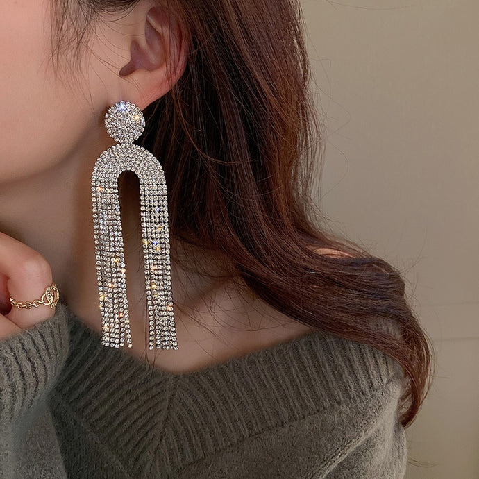 Long Tassel Rhinestone Drop Earrings for Women Geometric U Shape