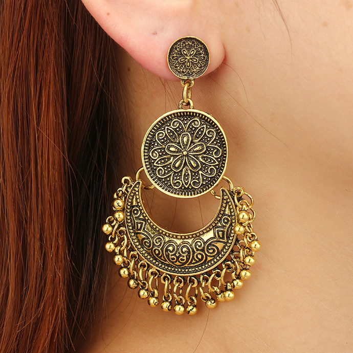 Crescent Moon Carved Bell Earrings